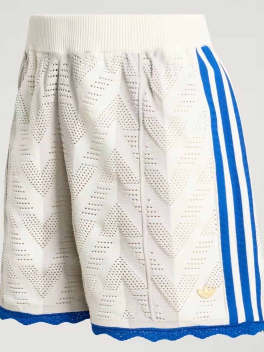 Adidas white & light grey knit shorts with royal blue stripes